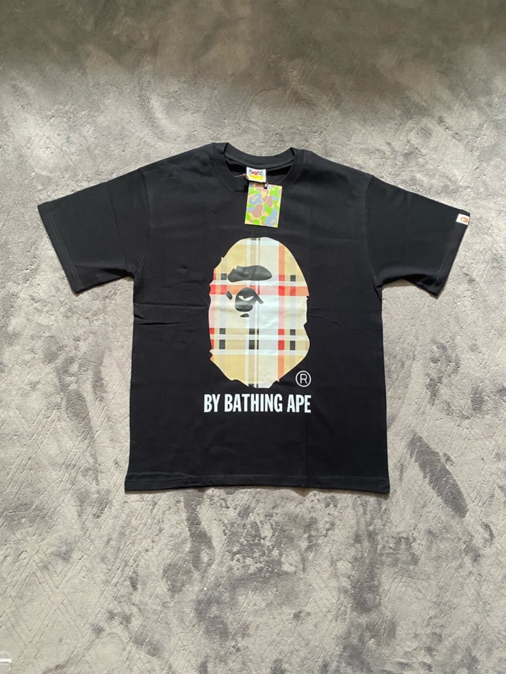 Bape Black T-Shirt with Beige Plaid Ape Head Graphic